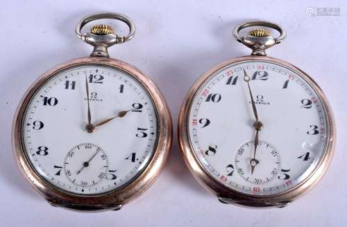 TWO ANTIQUE OMEGA SILVER POCKET WATCHES. 4.75 cm