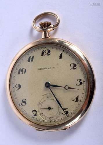 A VINTAGE 9CT GOLD GROSVENOR POCKET WATCH. 48.2 grams