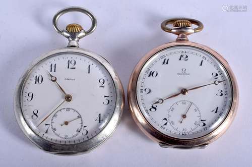 TWO ANTIQUE SILVER OMEGA POCKET WATCHES. 4.5 cm