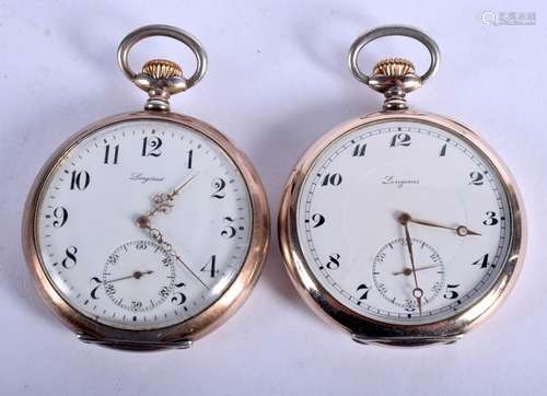 TWO SILVER LONGIES POCKET WATCHES. 4.5 cm diameter. (2)