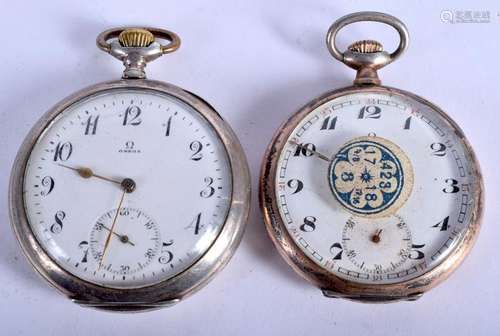 TWO ANTIQUE SILVER OMEGA POCKET WATCHES. 4.5 cm