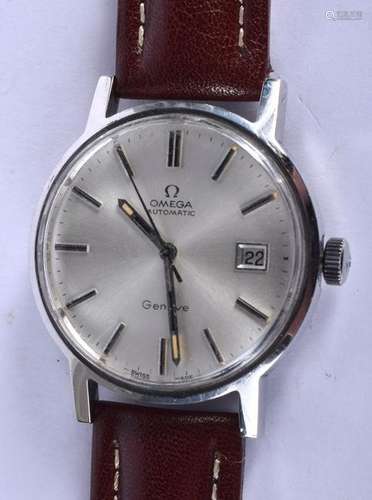 AN OMEGA STAINLESS STEEL WRISTWATCH. 3.5 cm wide.