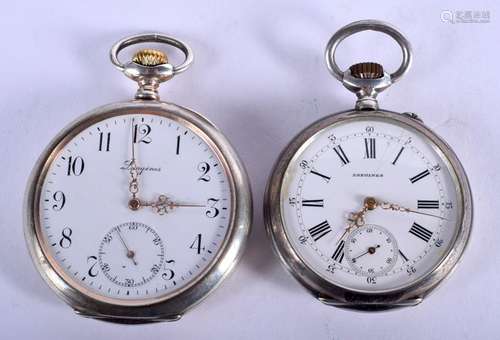 TWO VINTAGE SILVER LONGINES POCKET WATCHES. 5 cm