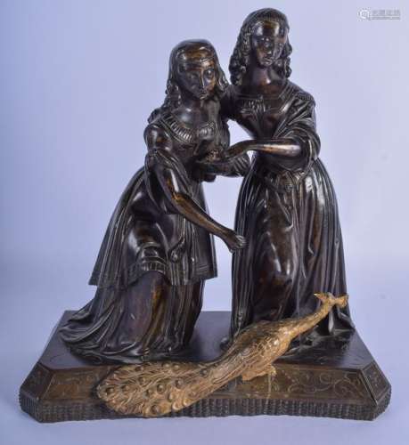 A 19TH CENTURY EUROPEAN BRONZE FIGURE OF TWO FEMALES
