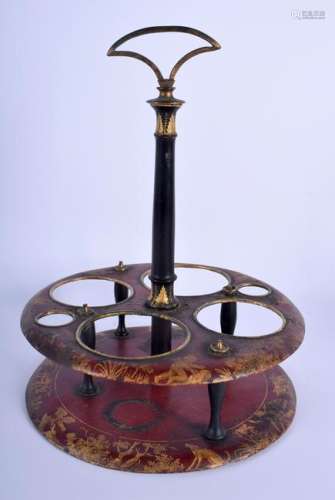 AN EARLY 19TH CENTURY REGENCY TOLEWARE TIN BOTTLE STAND