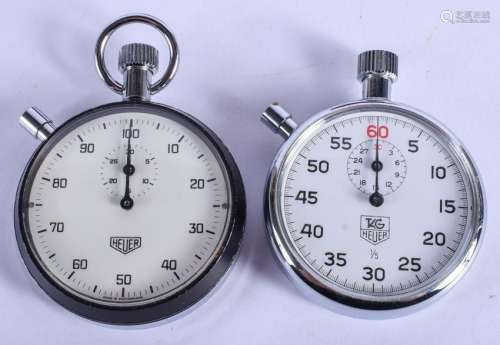 TWO VINTAGE STAINLESS STEEL HEUER STOP WATCHES. 5 cm
