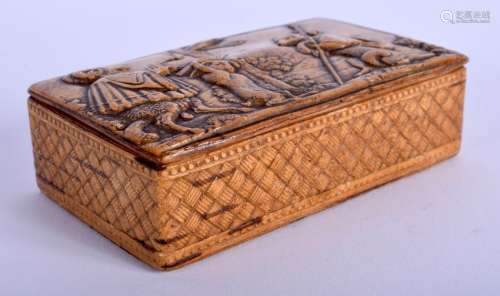 AN EARLY 19TH CENTURY CARVED CORK SNUFF BOX decorated