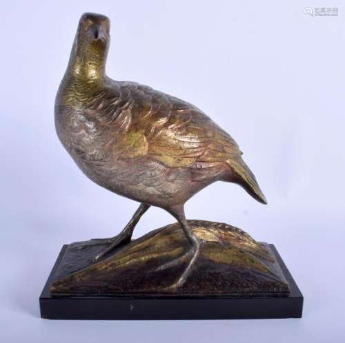AN ANTIQUE COLD PAINTED BRONZE FIGURE OF A GAME BIRD.