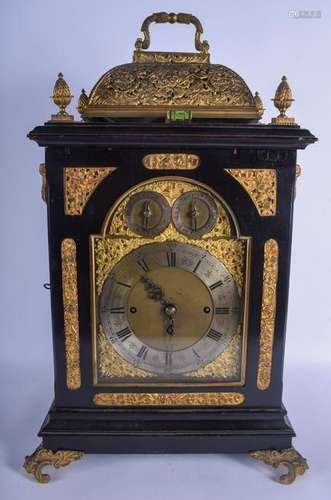 A LARGE GEORGE III EBONISED BRACKET CLOCK ON BRACKET