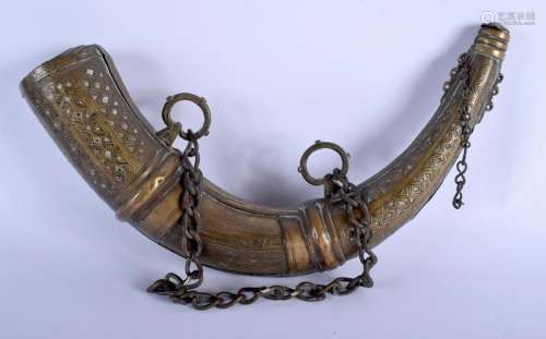 A 19TH CENTURY PERSIAN BRASS OVERLAID HORN POWDER HORN.
