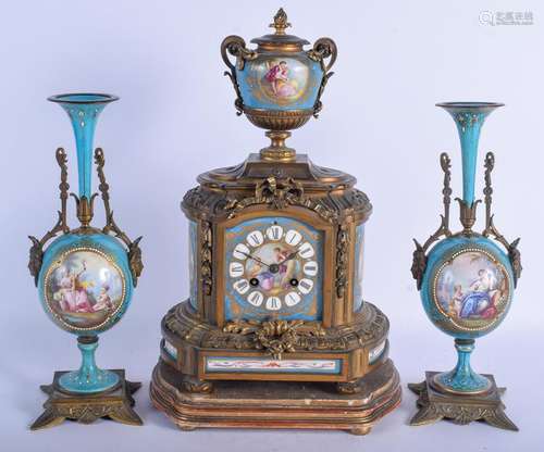 A 19TH CENTURY FRENCH SEVRES PORCELAIN CLOCK GARNITURE