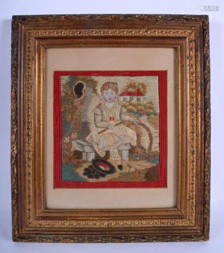 A MID 19TH CENTURY FRAMED EMBROIDERED WOOL WORK SAMPLER