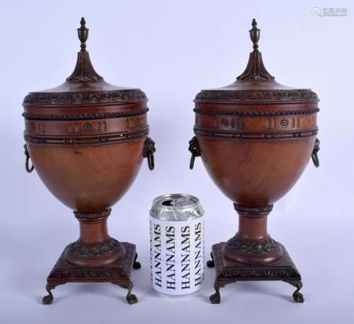 A PAIR OF ANTIQUE WOOD CARVED WOODEN URNS AND COVERS