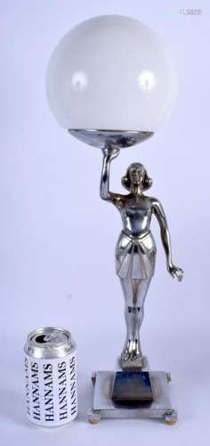 A LARGE ART DECO CHROME AND OPAQUE GLASS LAMP formed as