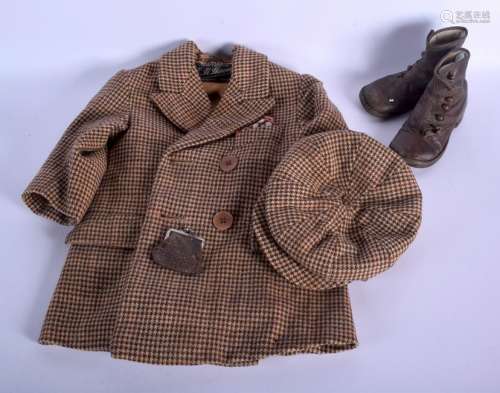 AN EDWARDIAN CHILDS TWEED JACKET with shoes, hat and