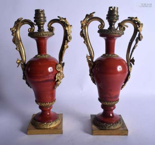 A PAIR OF 19TH CENTURY ORMOLU MOUNTED RED BLOODSTONE