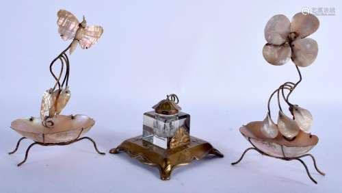 A FRENCH ART NOUVEAU BRASS INKWELL together with a pair