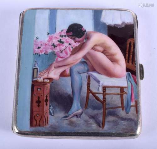 AN ART DECO WHITE METAL AND ENAMEL CIGARETTE CASE