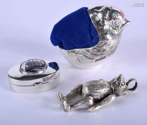 A SILVER BIRD PIN CUSHION together with a silver box