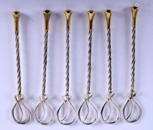 SIX VINTAGE YELLOW AND WHITE METAL COCKTAIL STIRRERS.