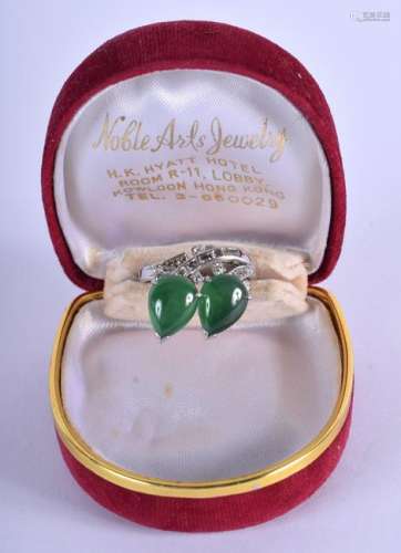 A LOVELY ART DECO 18CT GOLD DIAMOND AND JADE RING. 7.8