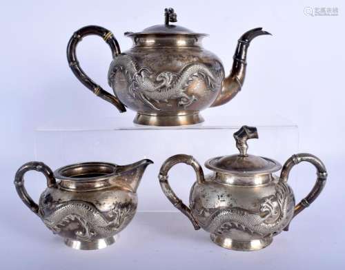 A 19TH CENTURY CHINESE EXPORT SILVER THREE PIECE TEASET