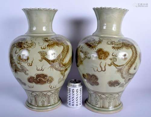 A PAIR OF 1920S CHINESE CELADON DRAGON VASES painted