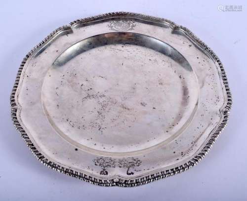 A GEORGE III SILVER ARMORIAL DINNER PLATE with three