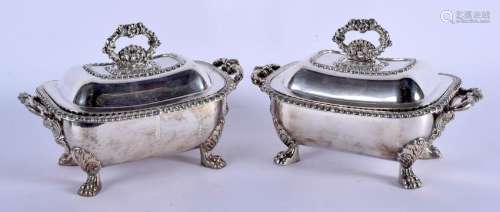 A GOOD PAIR OF REGENCY SILVER PLATED TUREEN AND COVERS