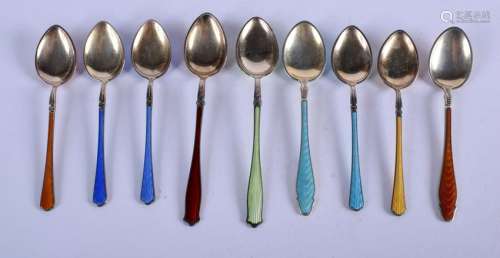 NINE 1950S STERLING SILVER AND ENAMEL SPOONS. (9)