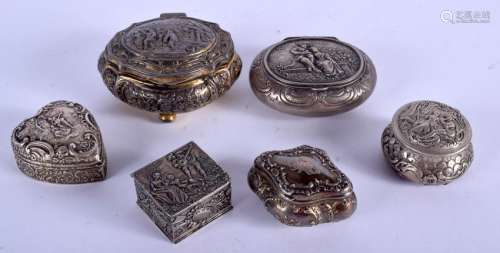 SIX ANTIQUE SILVER SNUFF BOXES in various forms and