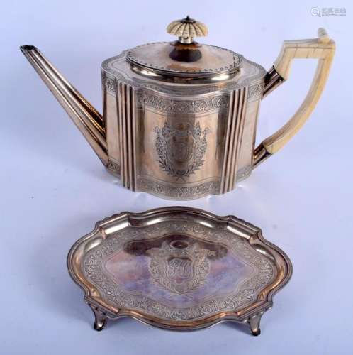 A GOOD EARLY 19TH CENTURY SILVER AND I TEAPOT ON STAND.