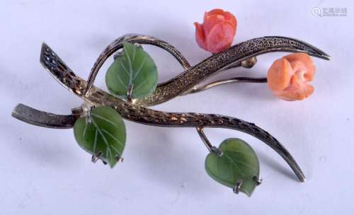 A 1930S SILVER JADE AND CORAL BROOCH. 4 cm x 5.5 cm.