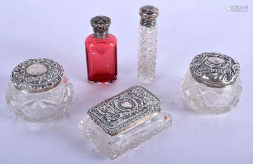 THREE ANTIQUE SILVER BOXES and two scent bottles. (5)