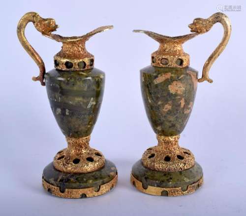 A RARE PAIR OF 14CT GOLD MOUNTED QUIROZ JADE URNS with