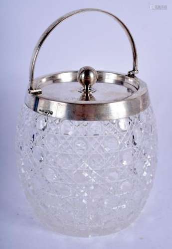 AN EDWARDIAN SILVER CRYSTAL BISCUIT BARREL. Birmingham