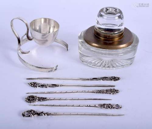 SIX SILVER CONTINENTAL STICKS together with an inkwell