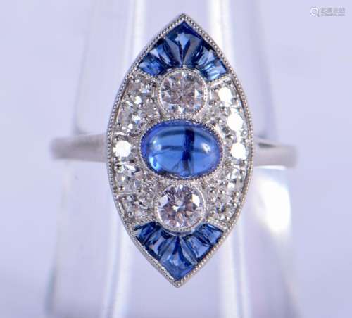 A LOVELY ART DECO PLATINUM SAPPHIRE AND DIAMOND RING.