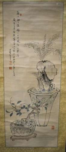 AN EARLY 20TH CENTURY CHINESE SILK INKWORK WATERCOLOUR