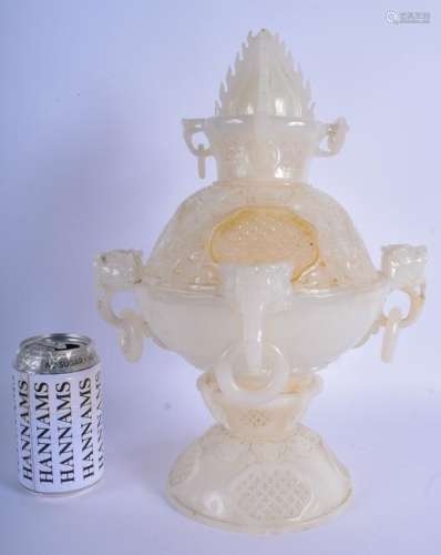 A LARGE 1950S CHINESE CARVED WHITE HARDSTONE CENSER AND