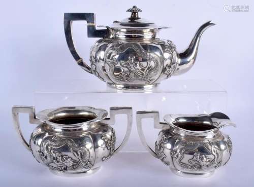 A 19TH CENTURY CHINESE EXPORT THREE PIECE SILVER TEASET