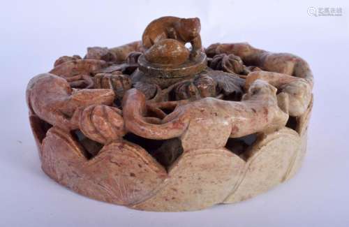 A RARE 19TH CENTURY CHINESE CARVED SOAPSTONE CENSER AND