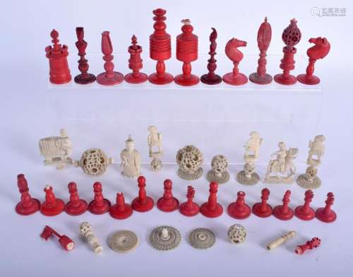 A 19TH CENTURY CHINESE CARVED AND STAINED I CHESS SET.