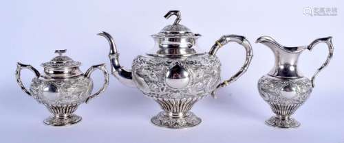A FINE 19TH CENTURY CHINESE EXPORT SILVER DRAGON TEASET