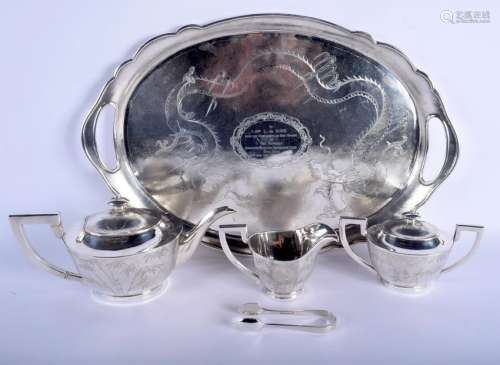 AN EARLY 20TH CENTURY CHINESE TWIN HANDLED SILVER TRAY