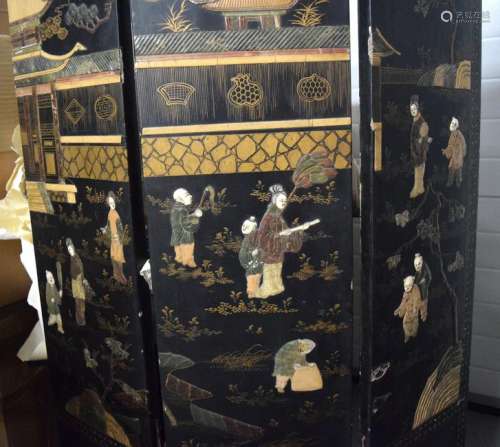 A CHINESE THREE FOLD LACQUER SCREEN inset with I and