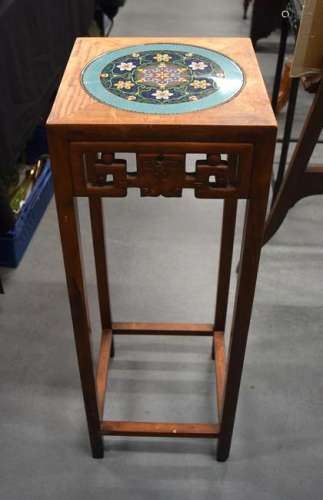 A CHINESE CLOISONNE INSET HARDWOOD STAND depicting
