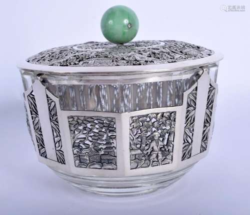 A 19TH CENTURY CHINESE SILVER GLASS AND JADEITE BOWL