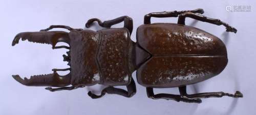 A JAPANESE BRONZE BEETLE BOX AND COVER. 12 cm x 4.5 cm.
