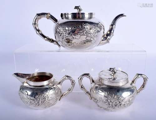 A 19TH CENTURY CHINESE EXPORT SILVER THREE PIECE TEASET